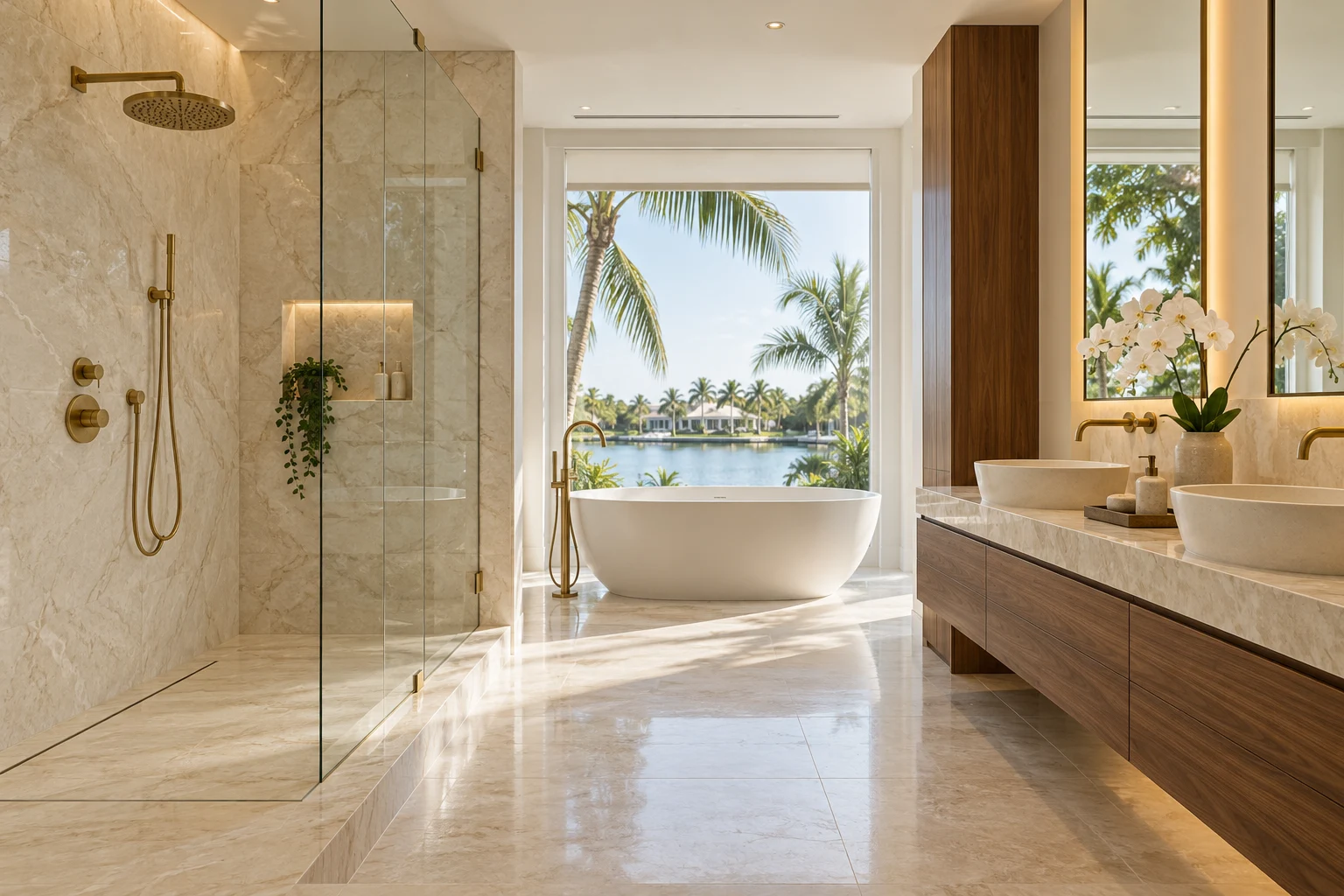 Generated bathroom design illustration with brushed gold plumbing fixtures