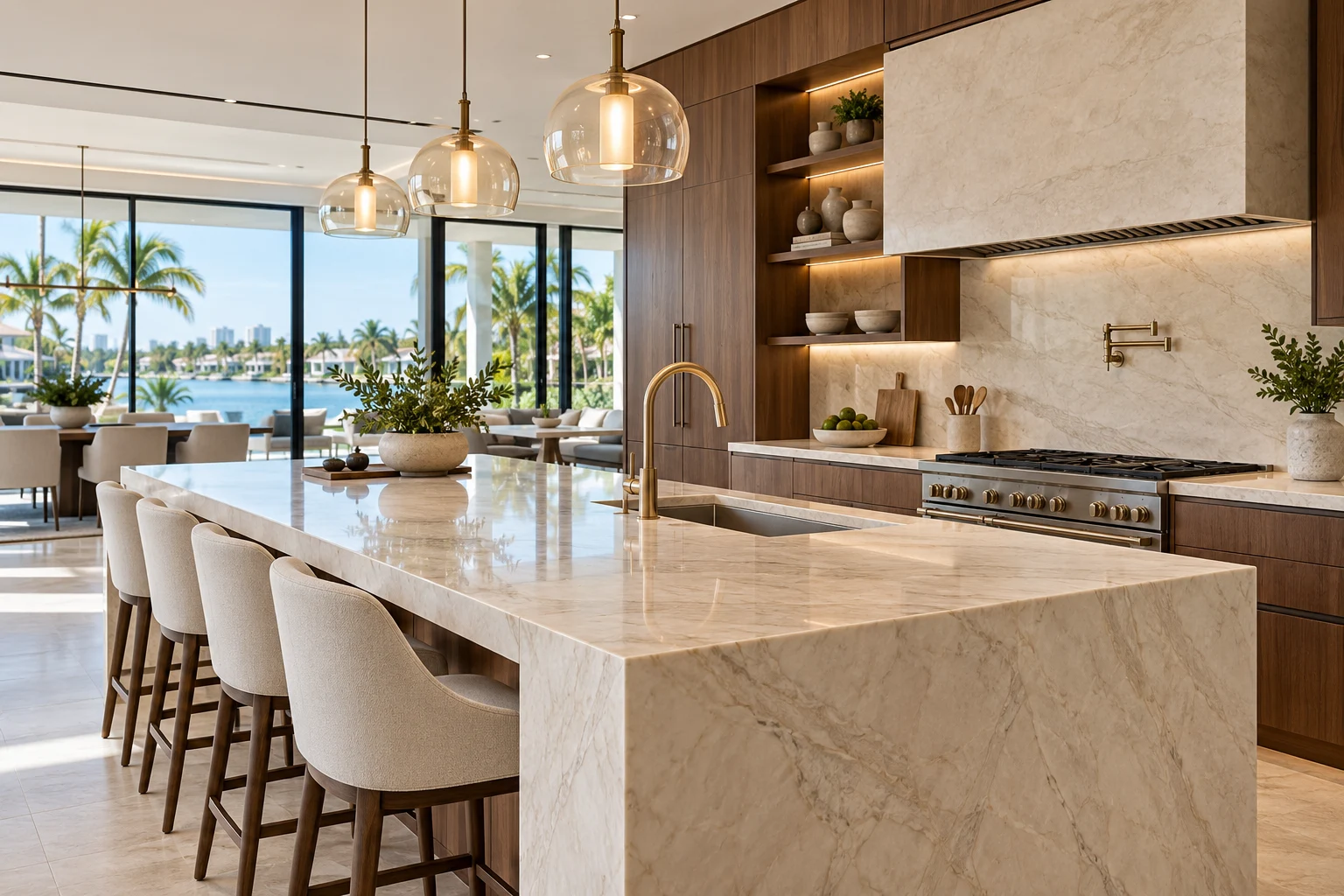 Generated kitchen design illustration with brushed gold plumbing fixtures